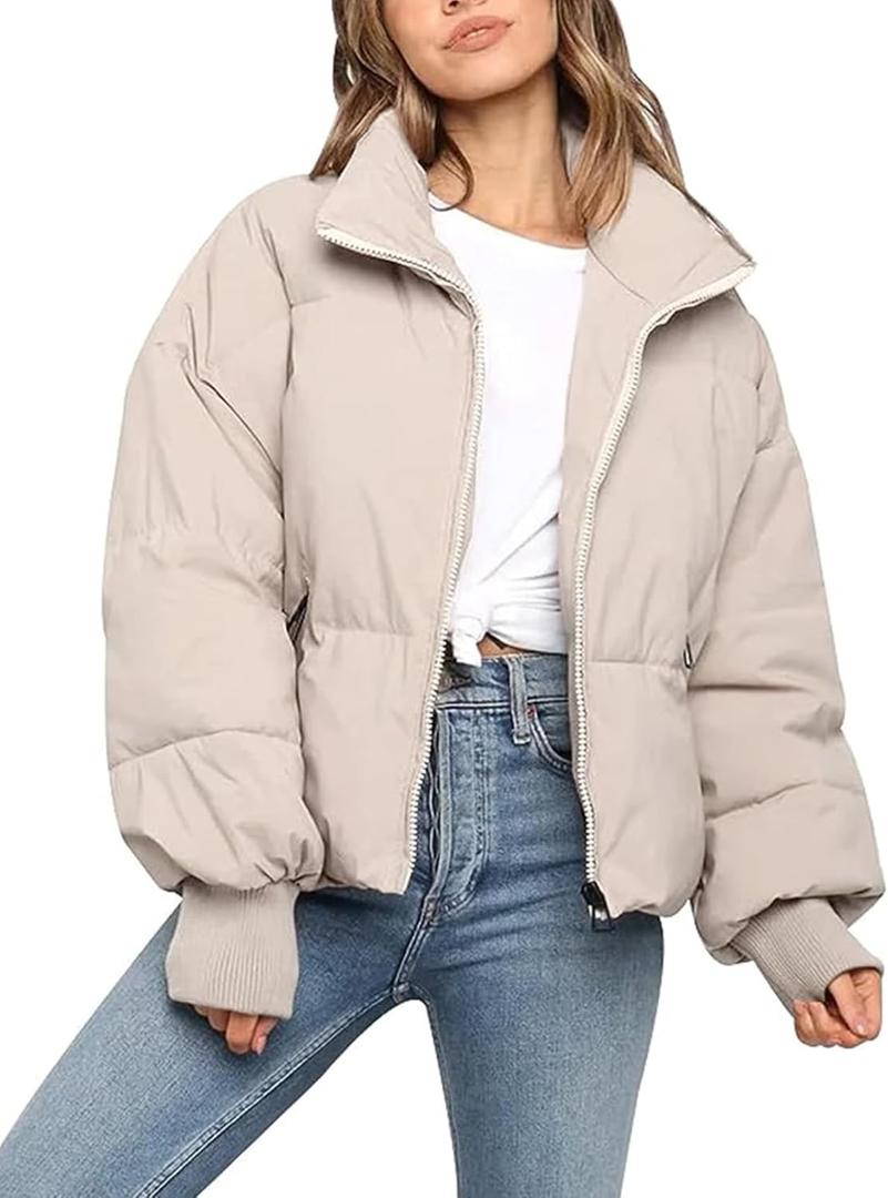 Gihuo Womens Winter Cropped Puffer Jacket Coat Short Warm Quilted Jacket 2026 (Medium, Beige)