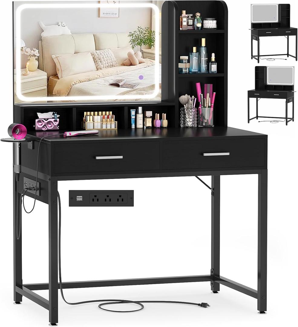 Small Vanity Desk, Vanity Desk with Mirror and Lights, Makeup Vanity Desks with Power Strip, Vanity Table with Drawers and Shelves, Adjustable Lighting, Dressing Table for Bedroom Room, Black