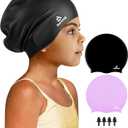 2 Pack Kids Extra Large Swim Cap for Long Thick Hair, Waterproof Silicone Swimming Cap for Toddler Child Youth Girls Boys, Durable Swim Hats Bathing Caps for Braids, Dreadlocks, Extensions, Afros (Black+Purple)