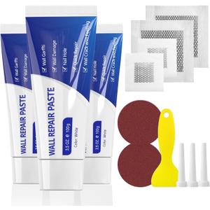 SEISSO Drywall Repair Kit, Wall Mending Agent*3(100g), Wall Patch*4, Scraper and Sandpaper*2, Wall Repair Paste Kit for Wall Cracks, Graffiti, Whitewall Hole Filler and Plaster Dent Repair