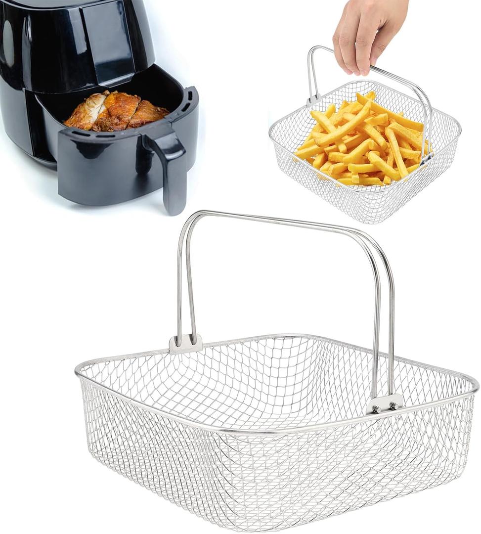 Air Fryer Basket, 5.8QT 6QT Air Fryer Accessory Mesh Basket Replacement with Handle, Square Stainles Steel Steamer basket for 6QT Instant Vortex Air fryer, for Instant Vortex Plus, Phillips XXL