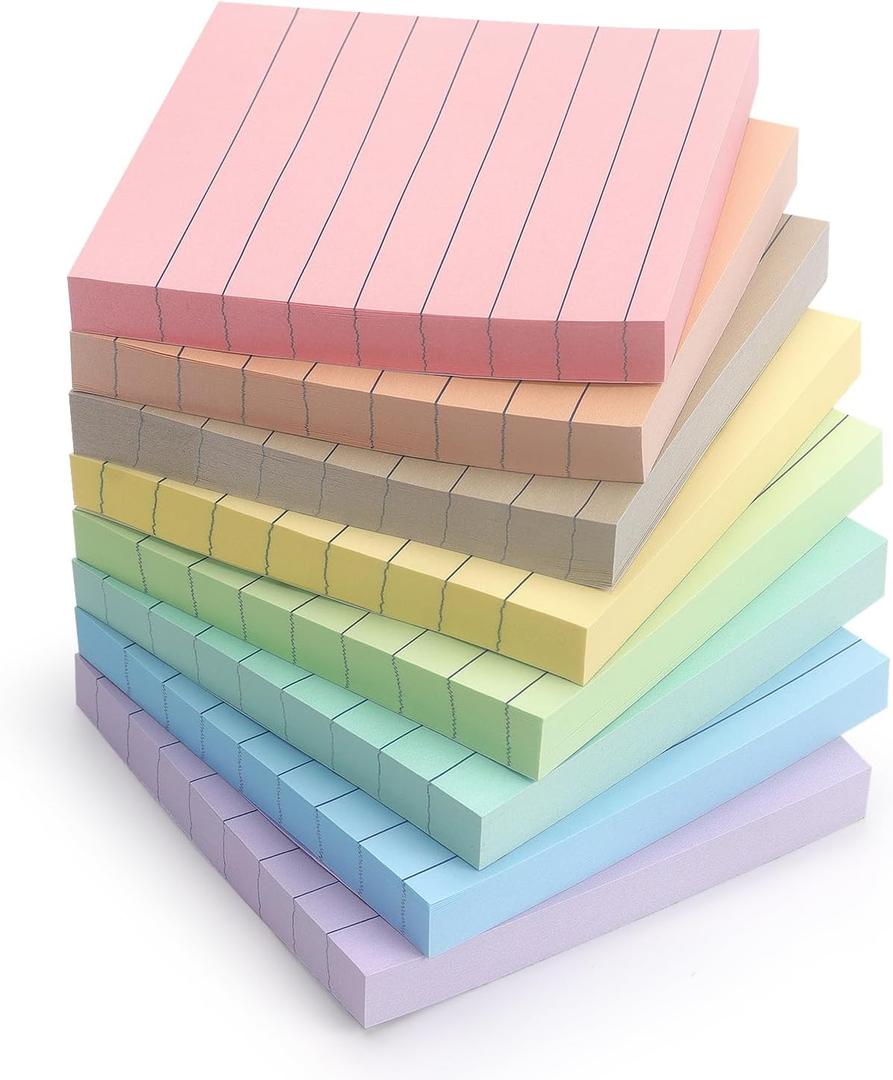 Eastern Wolf Lined Sticky Notes, 3x3 Inch, 8 Pack, Light Colors, 640 Sheets | Premium Self-Adhesive Notepads, for Office, School & Home Use, Easy to Use, Reusable & Removable