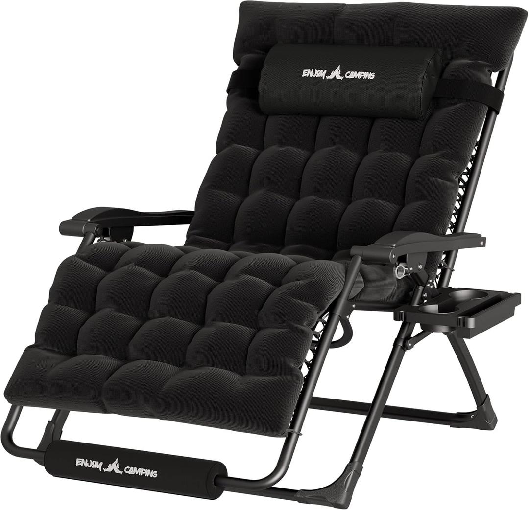 UDPATIO Oversized Zero Gravity Chair 33In XXL Patio Reclining Chair with Cushion, Outdoor Folding Recliner with Pillows|Cup Holder|Foot Rest|Padded Headrest, Black, Support 500LB