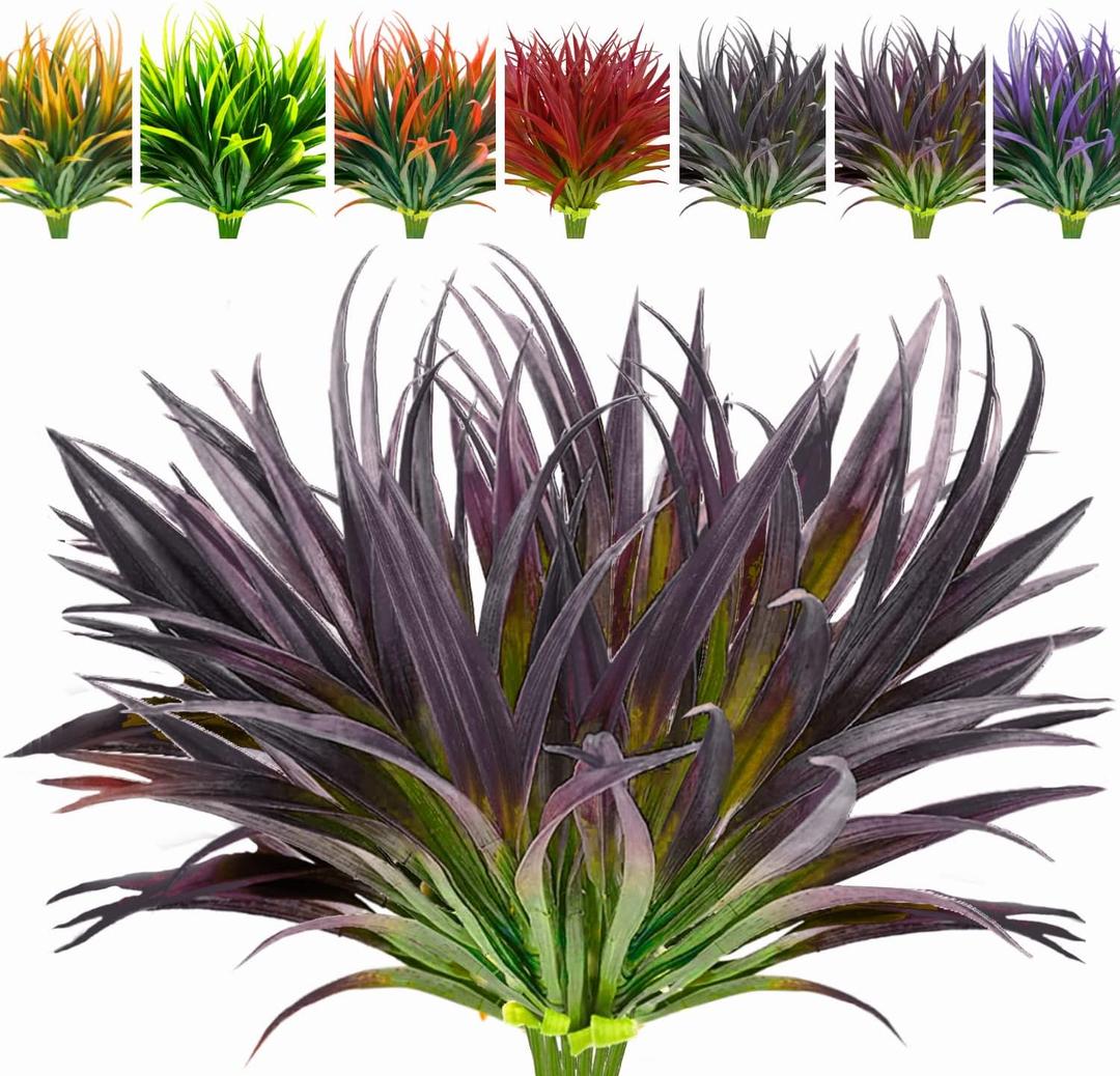 8 Pcs Outdoor Fake Plants UV Resistant Artificial Tall Grass Plants Faux Tropical Flowers Bushes Dcor Fall Winter Summer Planters Patio Front Door Porch Plastic Greenery & Shrubs Decoration,Deep Purple Grass Plant, 8pcs