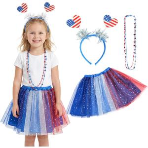 Sincere Party 4th of July Patriotic Tutu Skirt Set for Girls, Red, White and Blue, with Headband and Necklace, Ages 3-8