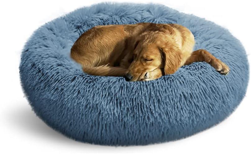 Whiskers & Friends Dog Bed, Round Fluffy Dog Beds for Small Dogs Washable, Calming Donut Pet Bed for Medium Dogs - Up to 45 Pounds (31.00'' x 31.00'' x 8.00'', Navy-Grey)