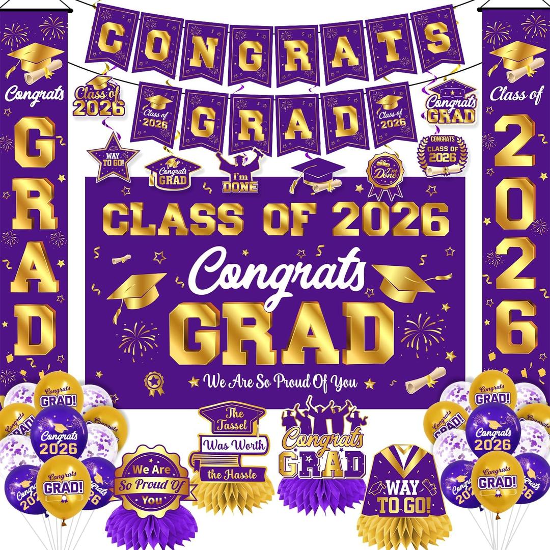 Graduation Decorations 2026 Purple and Gold Graduation Party Decor Set include Congrats Grad Banner Backdrop Class of 2026 Balloons Party Supplies