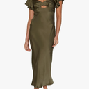 Summer Satin Flutter Sleeve Wedding Guest Dresses for Women Sweetheart Neckline Cutout Tie Back Midi Cocktail Dress, XL, Army