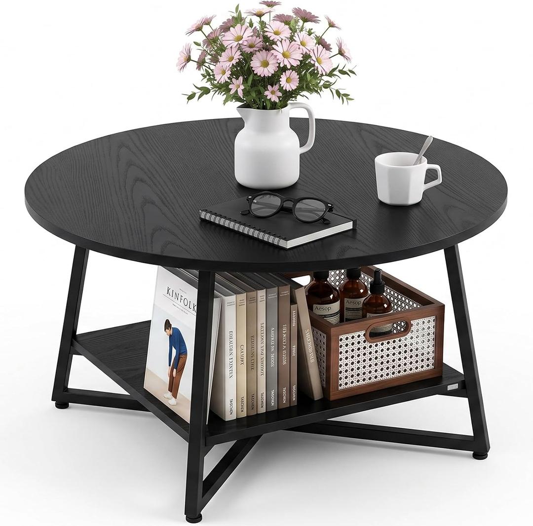 YANPU Round Coffee Table, 2-Tier Wood Coffee Table with Storage Shelf, Modern Circle Wood Desktop for Living Room, Home Office, Apartment, 36" Round