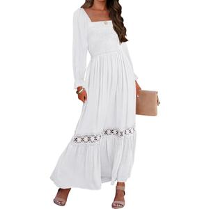 ZESICA Women's 2026 Boho Long Sleeve Square Neck Smocked High Waist Flowy A Line Lace Trim Maxi Dress (White, M)