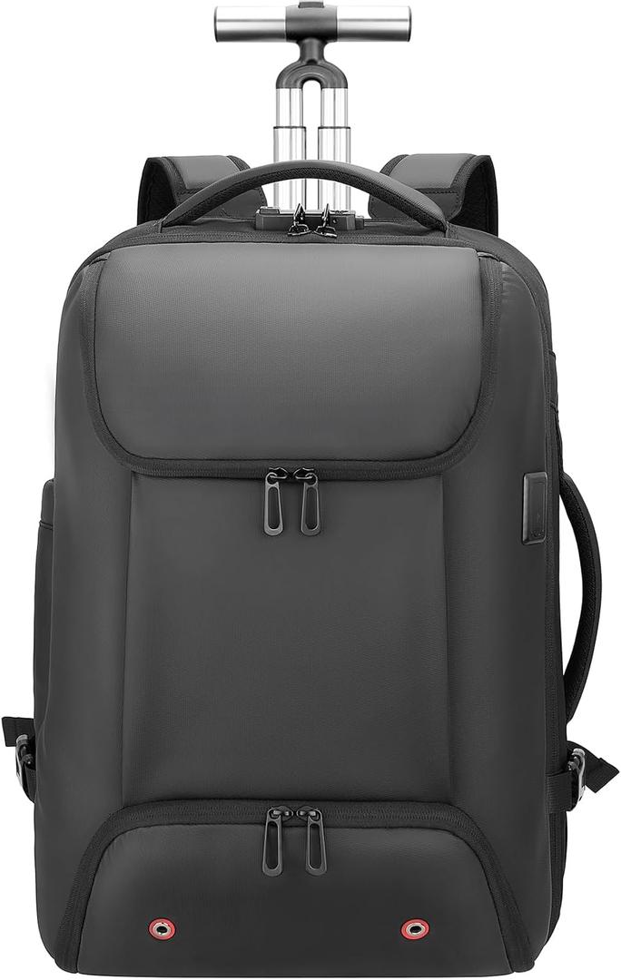 Carry On Backpack,17.3" Travel Backpack with Shoe Compartment,50L Wheeled Backpack Carry On Luggage,Laptop Compartment & USB Charging Port & TSA Approved Lock for Business,Black