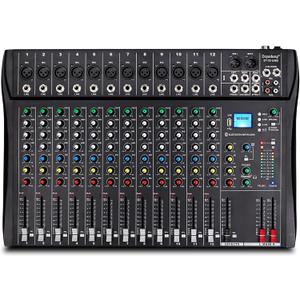 Depusheng DT12 Studio Audio Mixer 12-Channel DJ Sound Controller Interface w/USB Drive for Computer Recording Input, XLR Microphone Jack, 48V Power, RCA Input/Output for Professional and Beginners