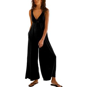 Women's Casual Loose Jumpsuits One Piece Sleeveless Wide Leg Long Pant Rompers with Pockets (Large, Black)