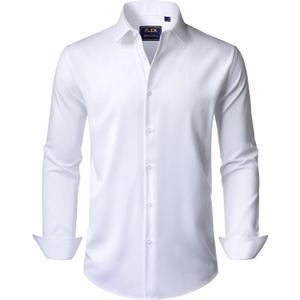 J.VER Men's Dress Shirts Stretch Long Sleeve Formal Shirt Solid Business Casual Button Down Shirts for Wedding Prom (White, Large Tall)