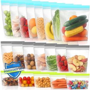 Lerine 20 Pack Reusable Freezer Bags Dishwasher Microwave Safe, Stand Up Silicone and BPA Free Reusable Sandwich Bags, Leakproof Food Storage Bags for Meal Prep - 8 Gallon 7 Sandwich 5 Snack (Multicolor)