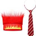 2 Pcs Halloween Fire Costume Included Hairy Headband Flame Wig Textured Tie for Men Women Cosplay Party Supplies