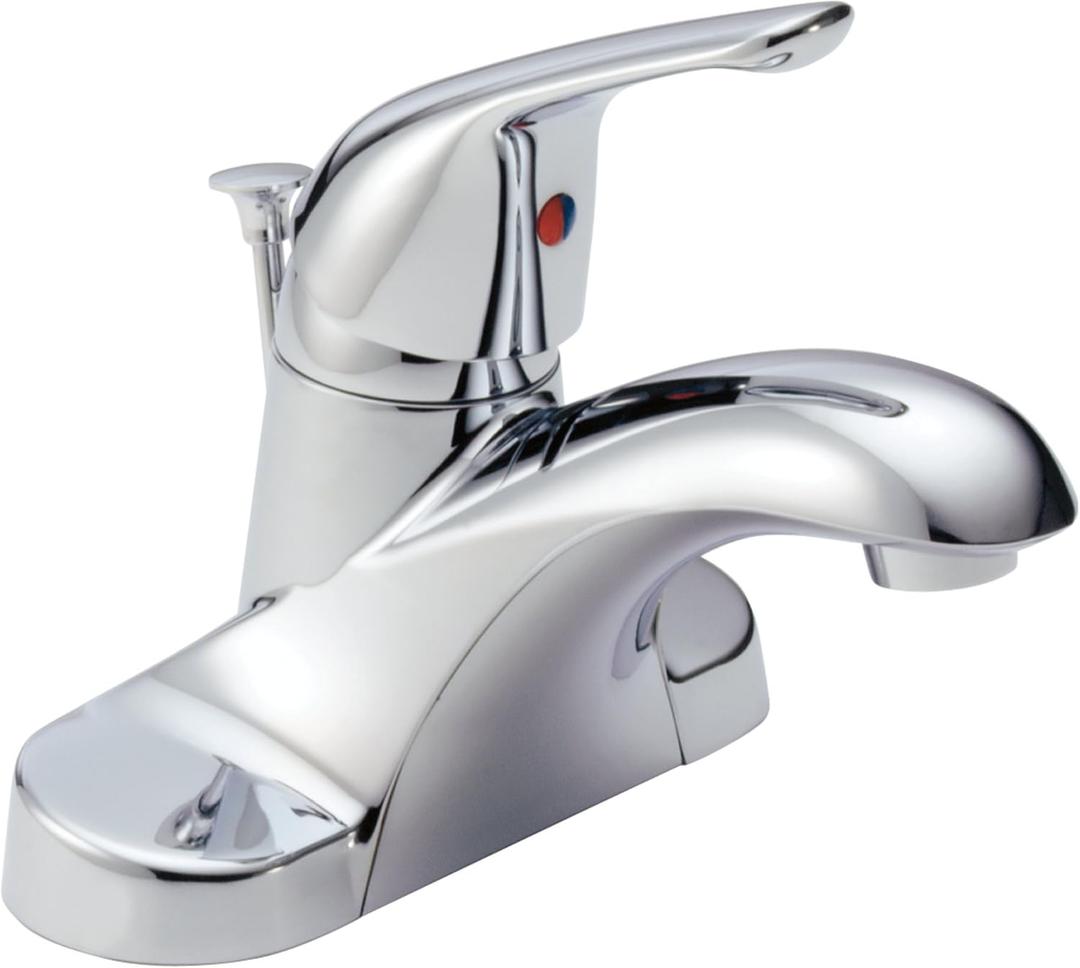 Delta Faucet Foundations Centerset Bathroom Faucet, Chrome 1-Handle Bathroom Faucet, Delta Bathroom Sink Faucet, Metal Push-Pop Drain Assembly, Chrome B510LF