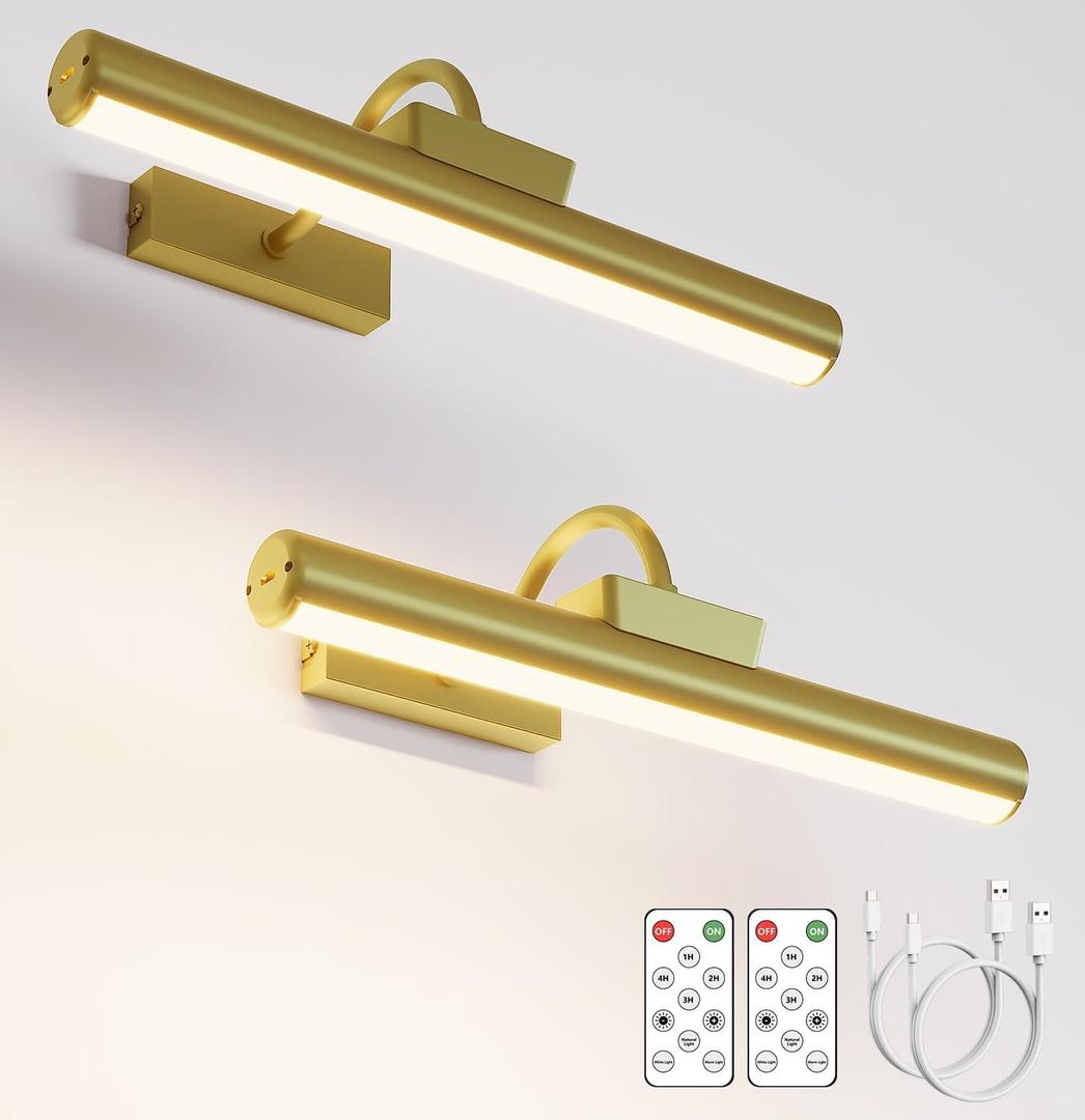 Picture Light Battery Operated, 13in Wireless Art Light for Paintings, Dimmable 5000mAh Recharging Battery Picture Light with Remote Control for Wall, Gallery Dartboard Art Bedroom (Gold-Pack of 2)