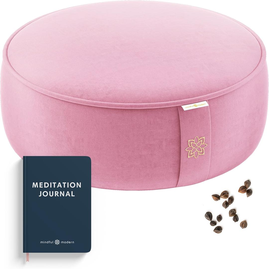 Mindful Modern Velvet Meditation Cushion | Luxe Zafu Yoga Floor Pillow Seat | Posture Support | Buckwheat Hull Filled | Large Round Cushion with Removable Washable Cover + Carry Handle (Blush Pink)