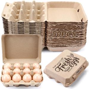 Zhanmai 50 Pcs Natural Paper Pulp Egg Cartons Blank Bulk 12 Count Dozen Vintage Classical 3 x 4 Style Square Chicken Cardboard Egg Tray Holder for Family Farm Market Storing(Stylish)