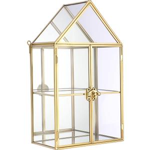ELLDOO 2 Tier Clear Glass Storage Box, Gold Mirrored Jewelry Makeup Display Organizer Case, Decorative Tower box Storage for Trinket Perfume Lipstick Figure Statue Toy Display, House Shape