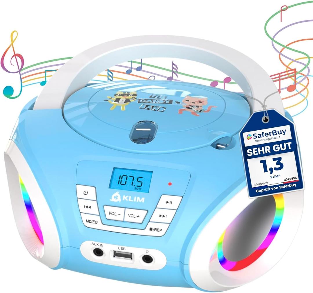 KLIM Candy Kids CD Player for Children - FM Radio - Includes Batteries - Boombox Portable - CD Player Children - with Speakers, Toddlers (Blue)