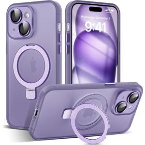Designed for iPhone 15 Case with Magnetic Invisible Ring Stand[Military Drop&Full Camera Lens Protection][Compatible with Mag-Safe] Matte Translucent Slim Phone Case for iPhone 15 6.1"Purple