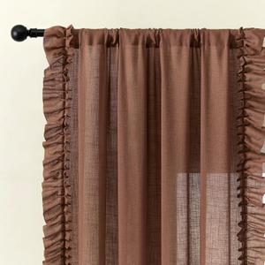 Dark Terracotta Ruffle Curtains 63 Inch Length, 2 Panels, W47 x L63 Inch, Linen Textured Rust Colored Farmhouse Scalloped Curtains for Bedroom, Rod Pocket Light Filtering Semi-Sheer Flowy Boho Curtain
