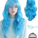 28 Inch/70 cm Blue Wig Long Curly Wig and Party Sunglasses, Cosplay Color Wig with Neon Glasses for Women - Bachelorette Party Wigs Decorations Favors (Sky Blue)