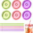 Aieve Mason Jar Straw Lids Compatible with Ball 16oz 24oz Wide Mouth Mason Jar, 6 Pcs Wide Mouth Drinking Cover with Straw Hole