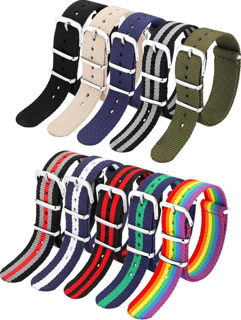 Meekoo 10 Pieces Nylon Watch Strap Military Replacement Watch Band with Stainless Steel Buckle for Men and Women's Band Replacing, 18 mm(Classic Colors)