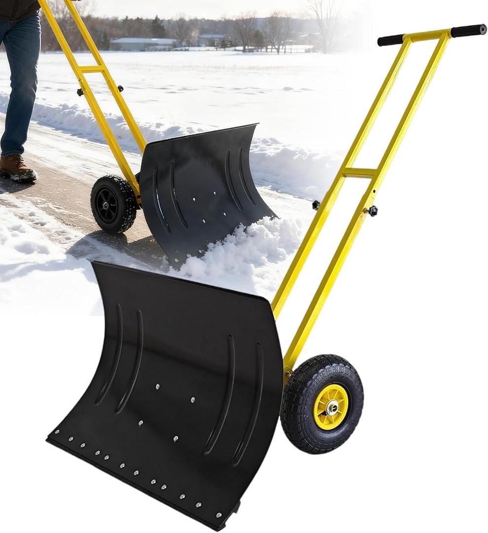 Snow Shovel, 29 Wide Heavy-Duty Metal Snow Pusher, 10 Pneumatic Rubber Wheels, 7-Position Angled Blade, Adjustable Height Anti-Slip Handle, Snow plow for Doorway, Driveway, Sidewalk