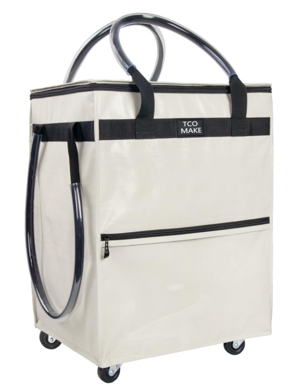 Reusable Grocery Bag on Wheels, (Medium, Beige) Rolling Shopping Bags with Wheels and Handle, Folding Rolling Tote Trolley, 3 Pockets and Zipper Cover, Carries Up to 46 LBS