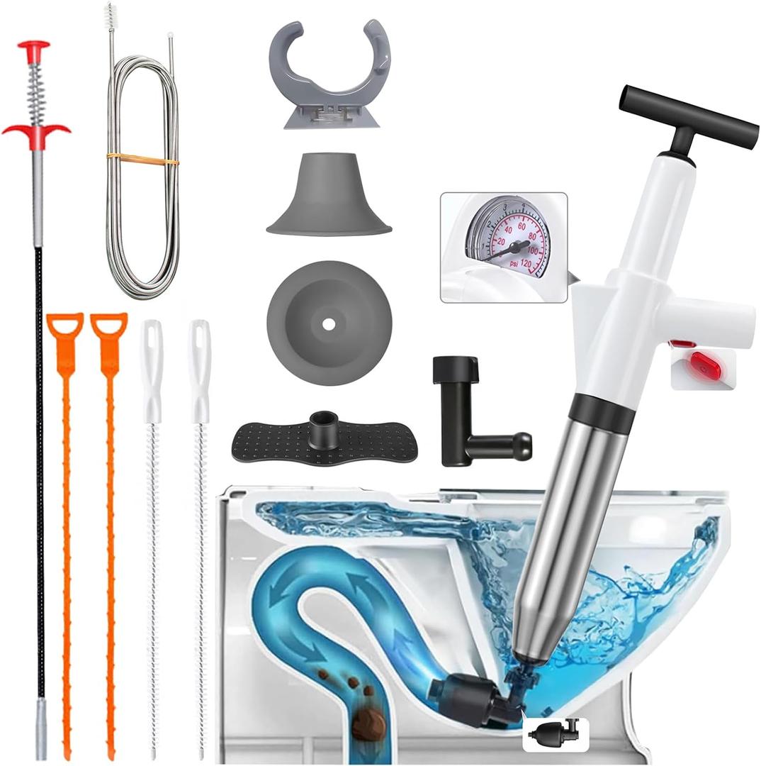 Toilet Plunge Blaster, 13-Piece Pipe Unclogging Tool Set, Drain Clog Remover, High Pressure Toilet Plunger with Real-Time Barometer, for Unclog Toilet, Bathrooms, Sinks, Floor Drains (White)