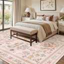 Pink Rug 8x10, Washable Boho Floral Botanical Animal Area Rug with Non Slip Backing Design,Indoor Soft Low Pile Carpet for Bedroom, Living Room, Dining Room, Farmhouse, Playroom