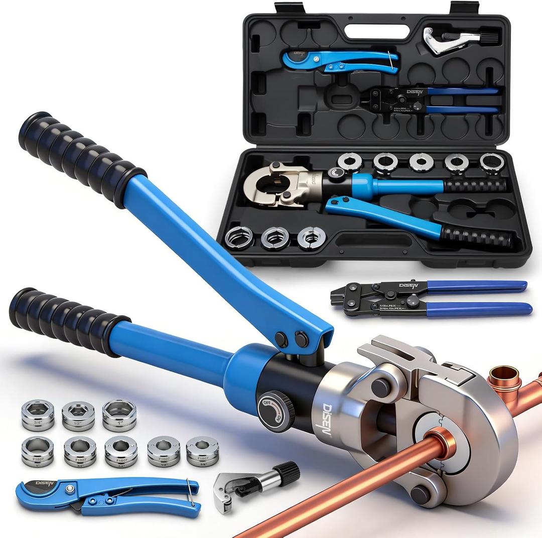 DISEN Hydraulic Copper Pipe Tube Fittings Crimping Tool with Copper Cutter, PEX Tubing Cutter and Copper Ring Removal Tool, Hydraulic Driven Press Tool with 8 Dies for Copper Pipe or PEX Pipe Crimp