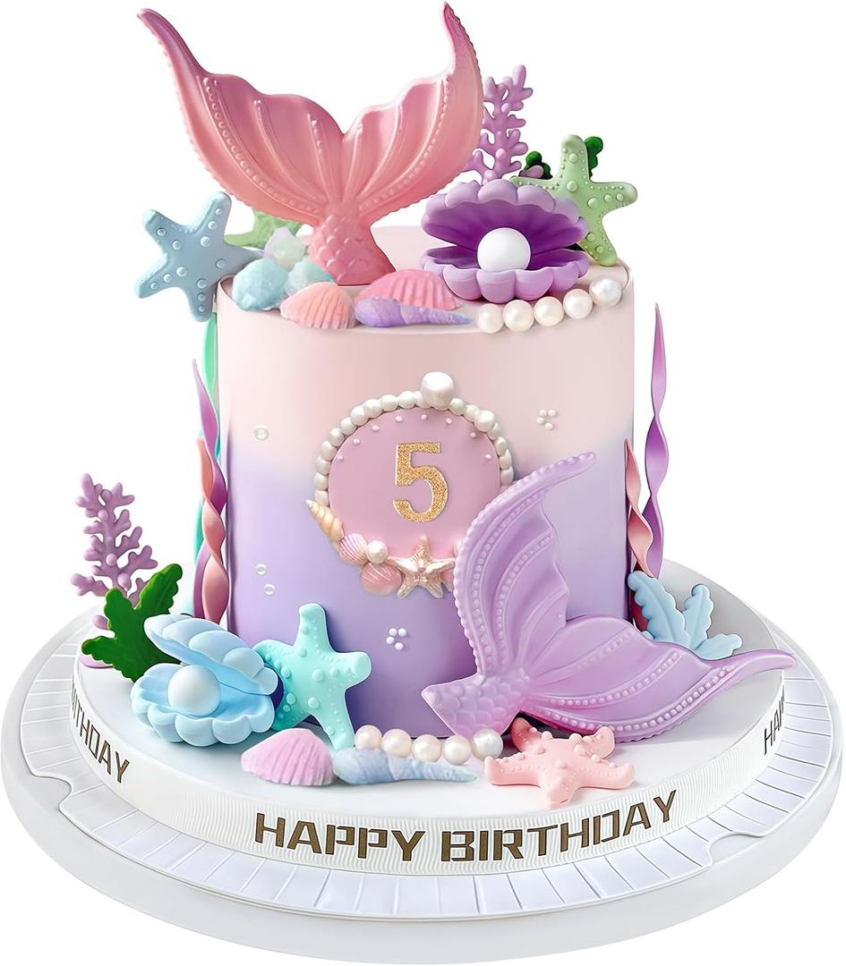 21pcs Mermaid Cake Topper - Mermaid Tail Cake Decorations with Seaweed Shells Starfish Coralal Under the Sea Cake Decorations for Birthday Party Decorations (Pink Purple)