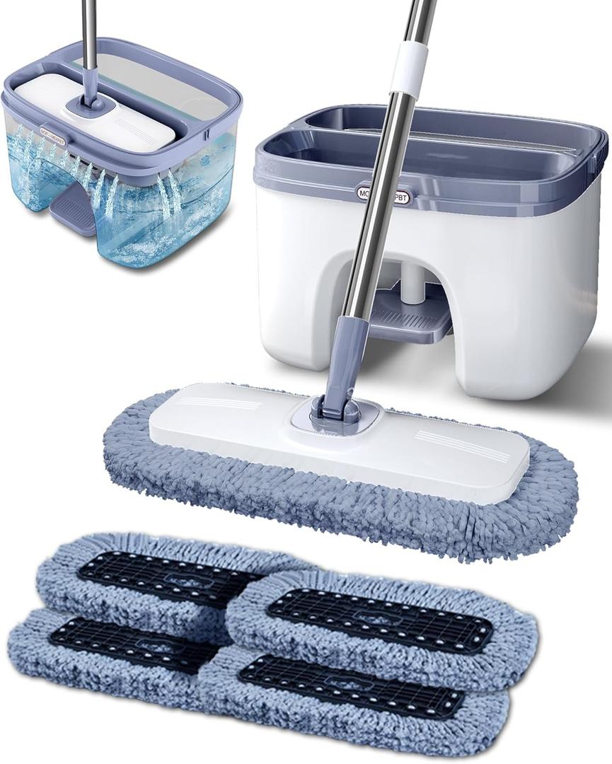 Flat Microfiber Mop and Bucket Set with Wringer, 360 Spin Mop for Floor & Wall Cleaning, 17.7x9in Wide Head, 4 Washable Pads, Hands-Free