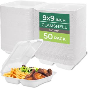Freshware Clamshell Food Containers with Lids [9x9] 3-Compartment 50-Pack, Disposable To Go Containers, Biodegradable Sugarcane To Go Boxes - Paper Containers - Microwave & Freezer Safe, Stackable