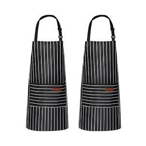 Handepo 2 Pcs Kitchen Aprons with Pockets Adjustable Waterproof Cotton Aprons Striped Apron for Women Men Chef Baking Cooking(Narrow Stripes,Black)