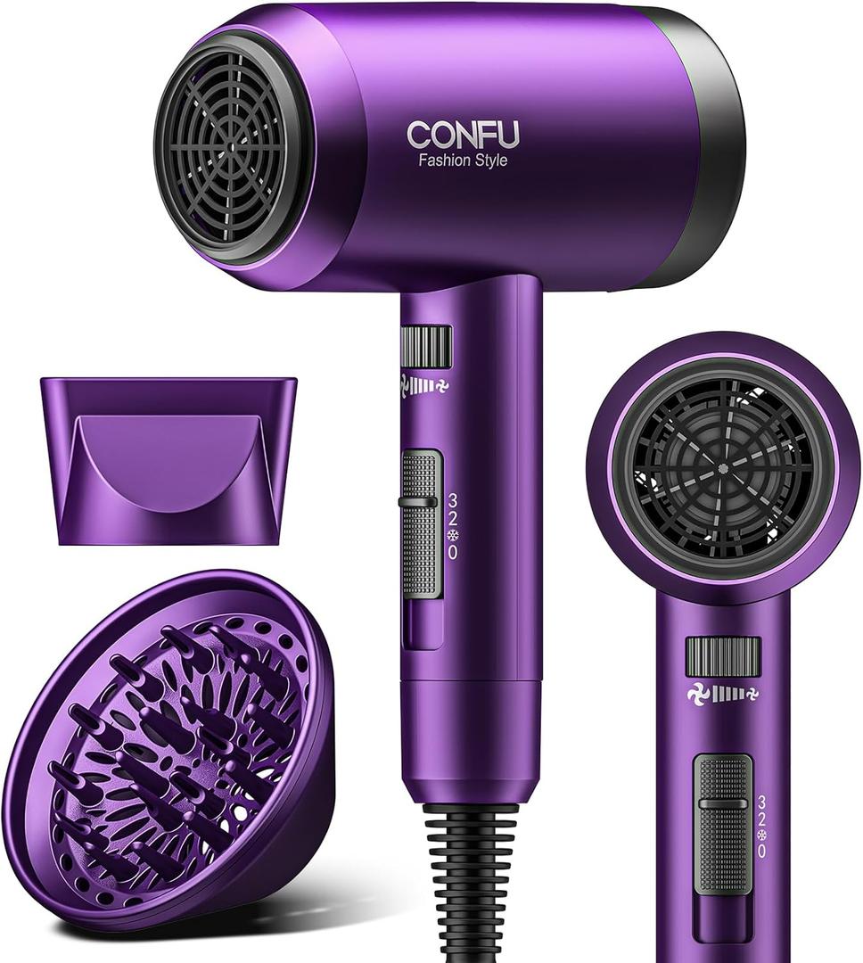 Hair Dryer with Diffuser, CONFU Ionic Blow Dryer 1600W, Portable Lightweight Fast Drying Negative Ion Hairdryer, 3 Heat Settings with Diffuser and Concentrator Nozzle for Home & Travel (Purple)