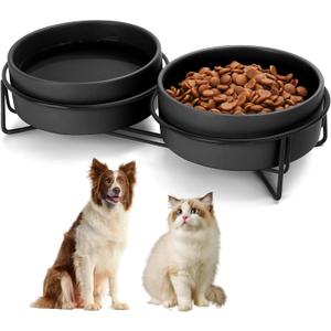 Ceramic Dog and Cat Bowl Set with Stand, 3.6 Cups Dog Food and Water Bowl Suitable for Small and Medium Pets (28.7oz Black)