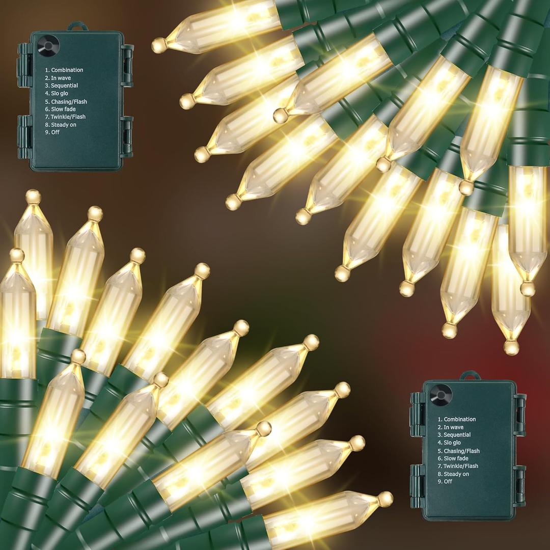 2 Pack Christmas String Lights with Built-in Timer - Total 100 LED 36ft Fairy Battery String Lights - Mini Lighting for Garden Festival Living room Xmas Tree Christmas Decorations - Warm White (Yellow)