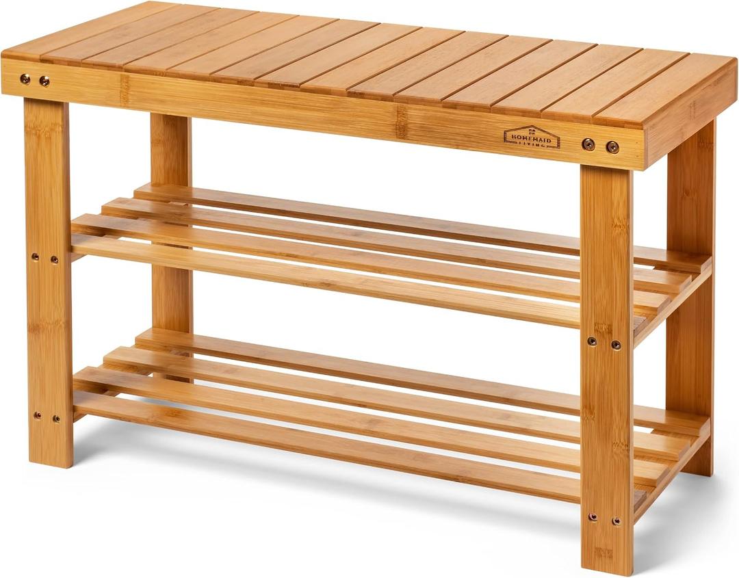 Bamboo 3 Tier Shoe Rack Bench, Premium Shoe Organizer or Entryway Bench, Perfect for Shoe Cubby, Entry Bench, Bathroom Bench, Entryway Organizer, Hallway or Living Room, Small