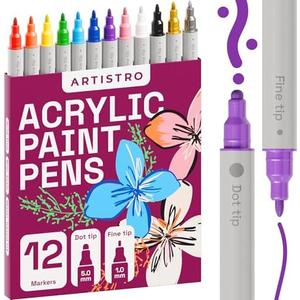 ARTISTRO 12 Dual Tip Acrylic Paint Markers, Acrylic Paint Pens, Fabric Markers for Textile, Rock, Glass, Wood, Paper, Ceramic, Canvas DIY Art Supplies Kit for Kids and Adults (Dual Tip Dot + Fine, 12)