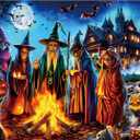 Halloween 1000 Piece Jigsaw Puzzle for Adults Witches' Spooky Bonfire Night Scene with Haunted House Bats Black Cats Pumpkins Scary Horror Ghosts Gothic Challenging Puzzle for Game Night (27.6"x19.7")