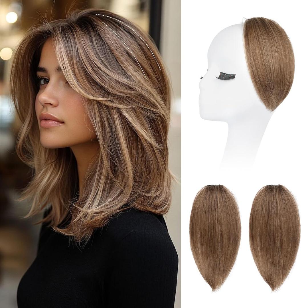 REECHO Clip in Hair Volumizer, Short Thick Clip in Hairpieces Adding Extra Hair Volume Extensions for Women with Thin Fine (Light Brown with Blonde Highlights, 8 Inch(Pack of 2))