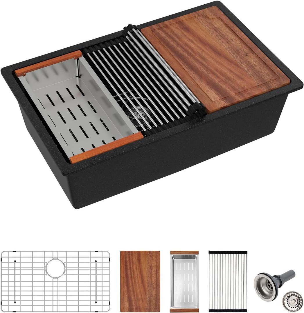 Logmey Black 30x19 Inch Ganite Composite Kitchen Sink Quartz Undermount Workstation Sink Ledge Single Bowl Under Counter Large Deep Kitchen Sinks, 30x19x9 Inch