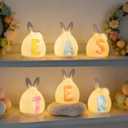 NEROSUN 6 Pack Easter Lettered Bunny Decorations, Ceramic Lighted White Rabbit Figurines Ornaments, Table Centerpiece for Easter Party, Spring Home Decor and Shelf Display