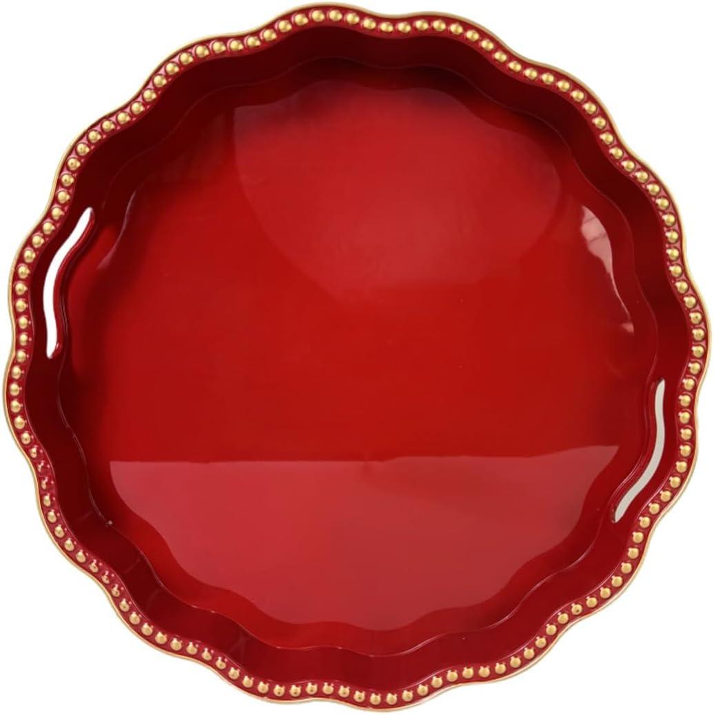 Red Decorative Tray for Coffee Table, Wavy Scallop Beaded Plastic Serving Tray forKitchen Counter, Ottoman, Living Room, (13")